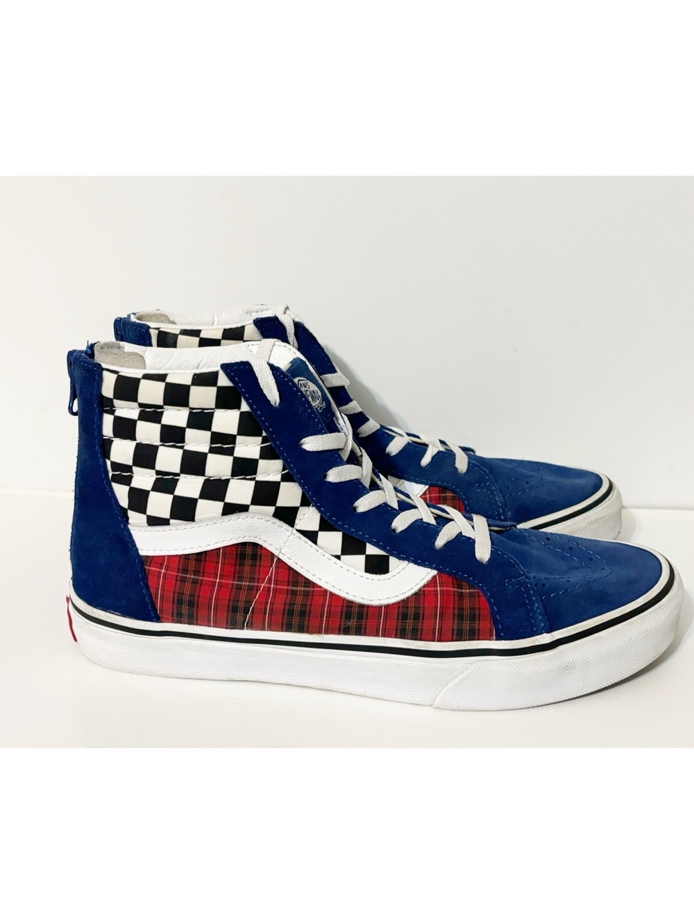 Vans Sk8-Hi Zip Plaid Checkerboard Blue White Black Red Sneakers Kids Shoe Sz 7